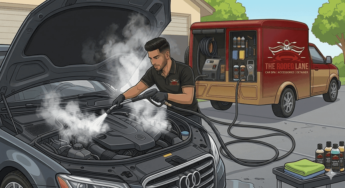 Doorstep interior vacuum detailing inside a vehicle cabin